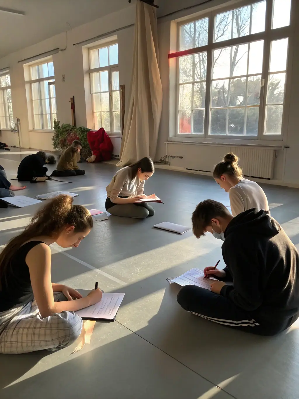A group of students practicing the Alexander Technique together in a spacious studio, fostering a collaborative learning environment.