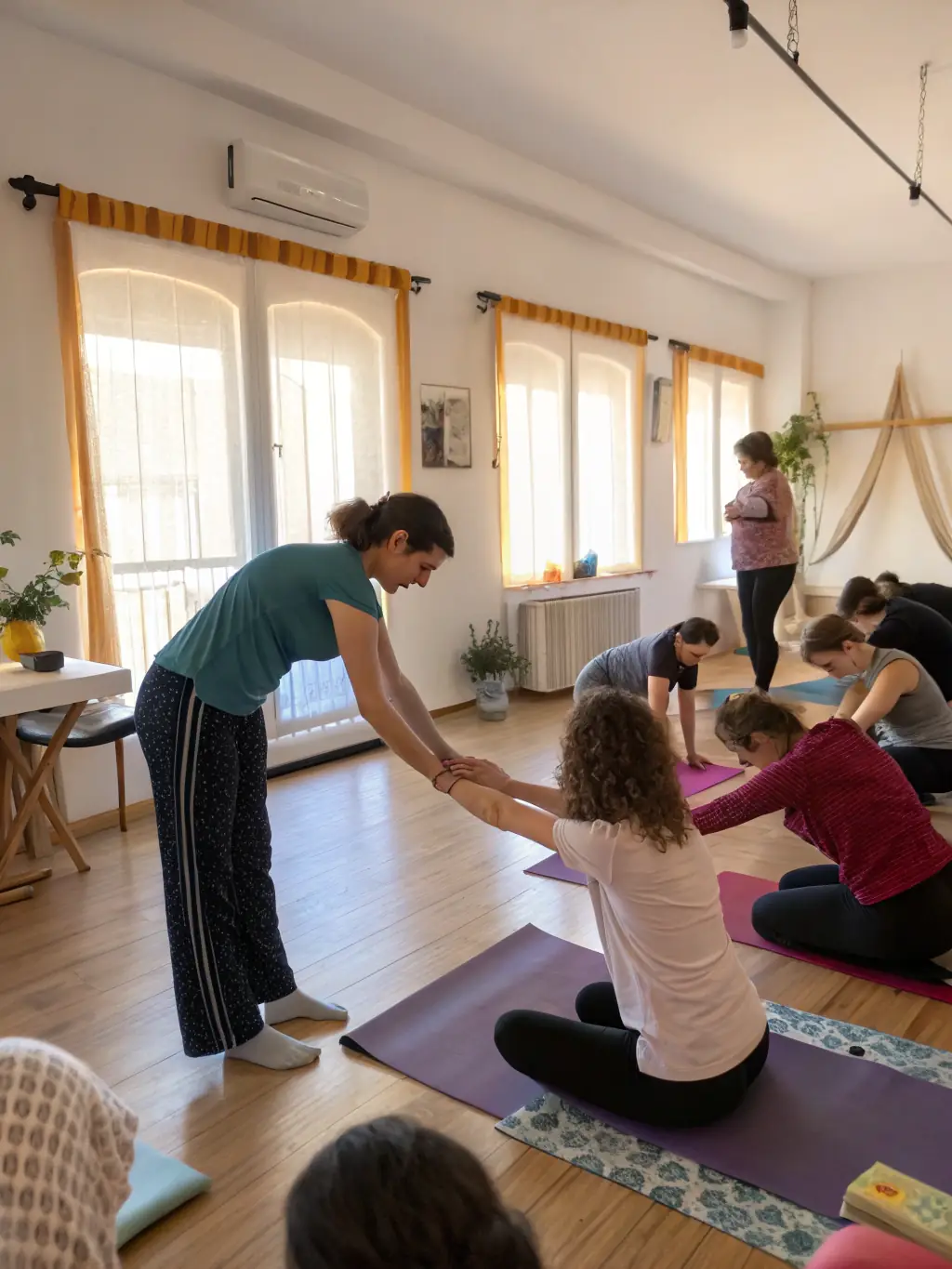 Participants engaged in a workshop, practicing techniques under the guidance of an instructor, focusing on hands-on learning.