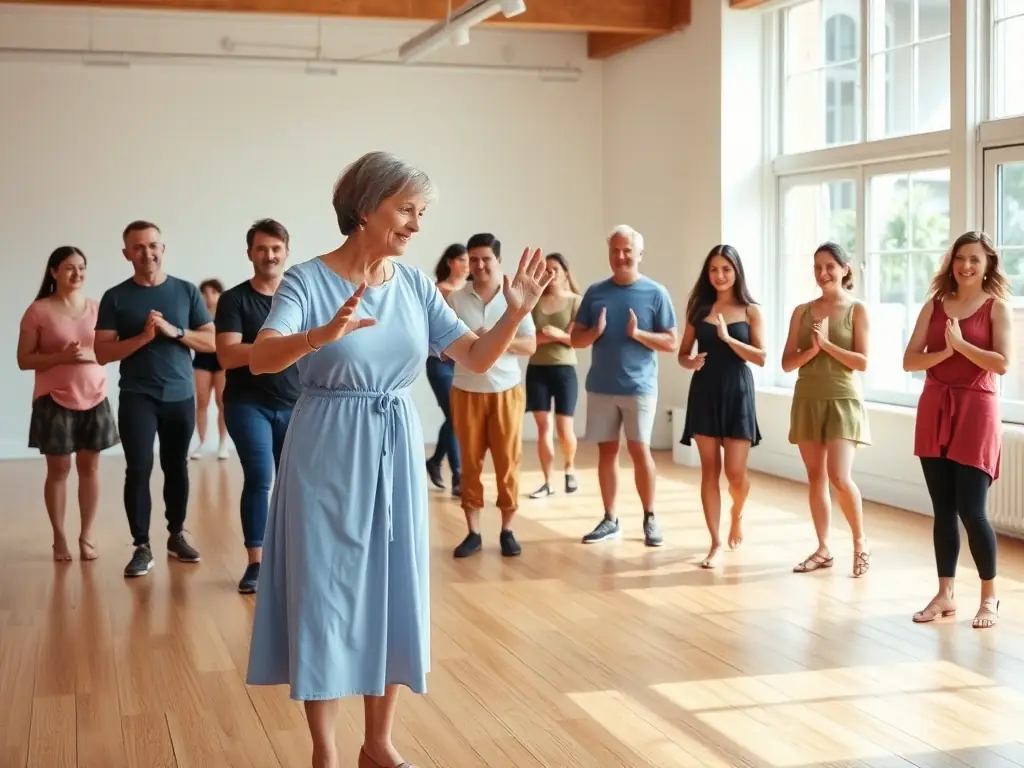 A group of students participating in an Alexander Technique class, engaging in movement exercises and receiving feedback from the instructor in a spacious studio.