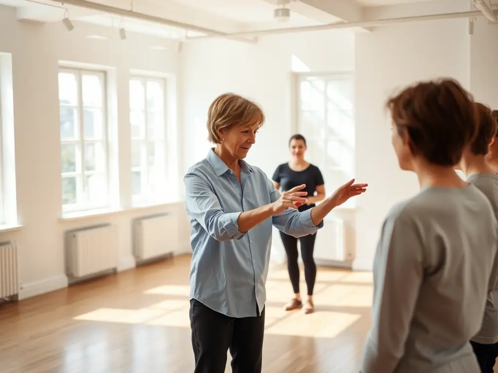 An instructor leading a hands-on Alexander Technique workshop, demonstrating specific techniques and providing individualized feedback to participants.