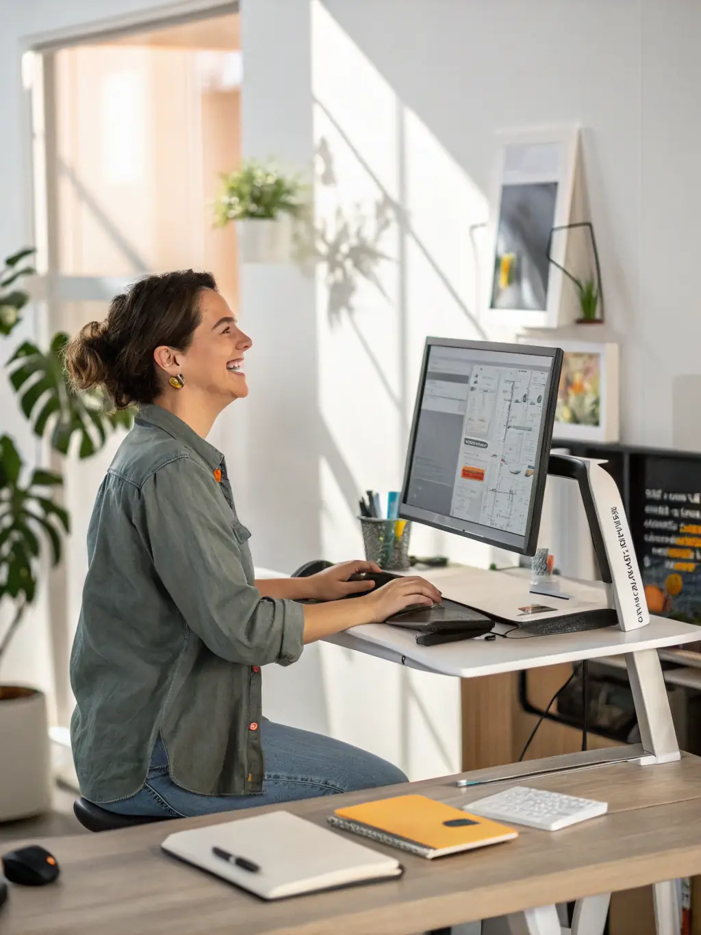 A person sitting at a computer with improved posture, demonstrating the application of the Alexander Technique in enhancing ergonomics and reducing strain during work.